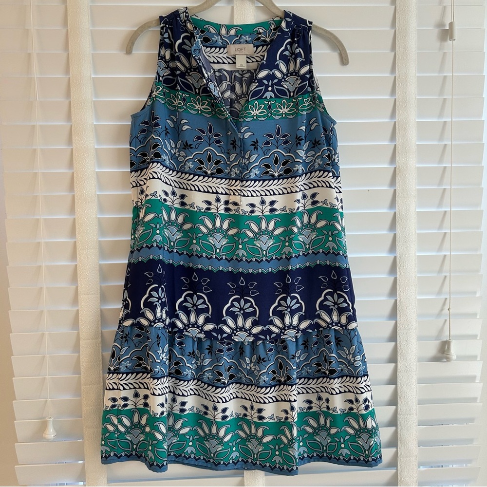 LOFT Shift Dress Mini Teal Blue White Summer Drop Waist XS